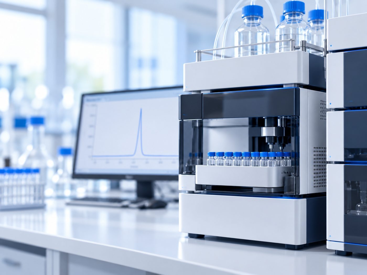 HPLC instrument with sample vials in an analytical testing laboratory
